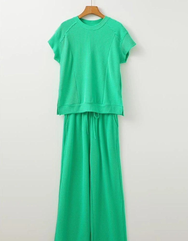 Bright Green Solid Corded Knit Short Sleeve T Shirt and Wide Leg Pants Set