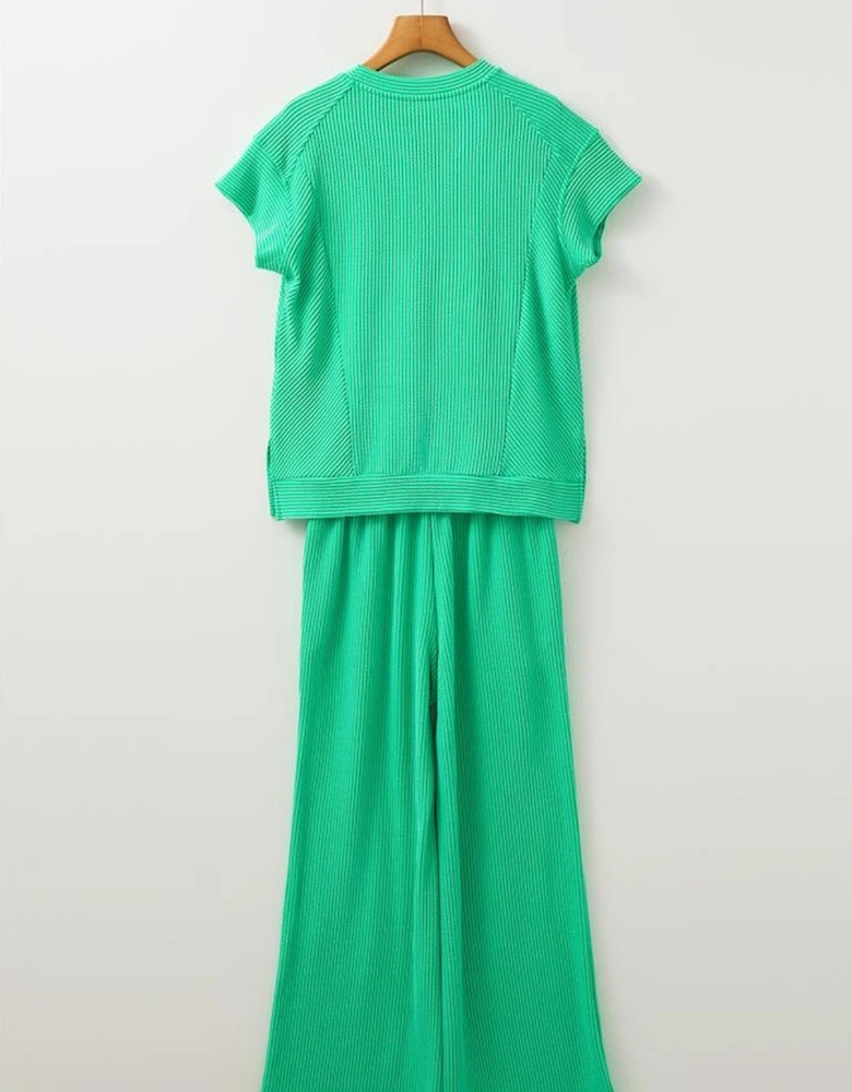 Bright Green Solid Corded Knit Short Sleeve T Shirt and Wide Leg Pants Set
