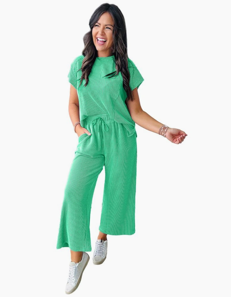 Bright Green Solid Corded Knit Short Sleeve T Shirt and Wide Leg Pants Set