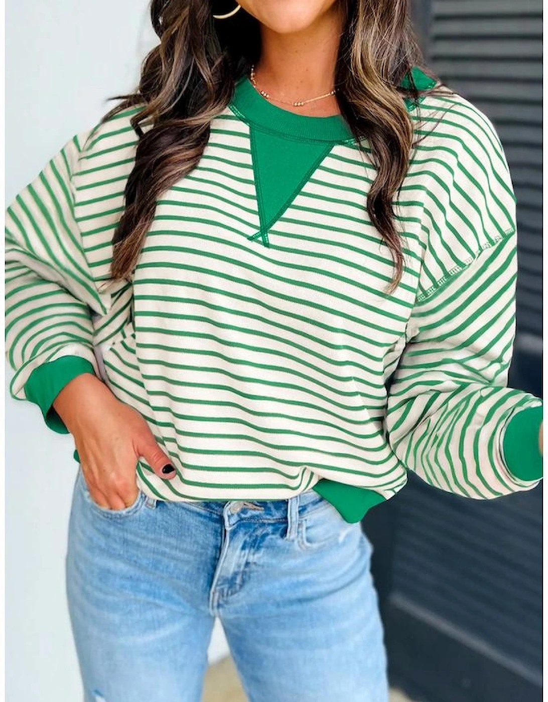 Bright Green Striped Exposed Seam Patchwork Loose Pullover Top