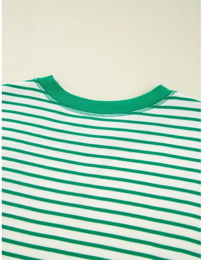 Bright Green Striped Exposed Seam Patchwork Loose Pullover Top