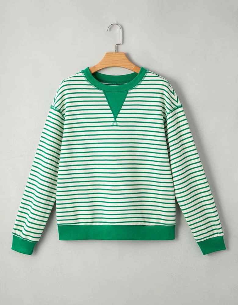 Bright Green Striped Exposed Seam Patchwork Loose Pullover Top