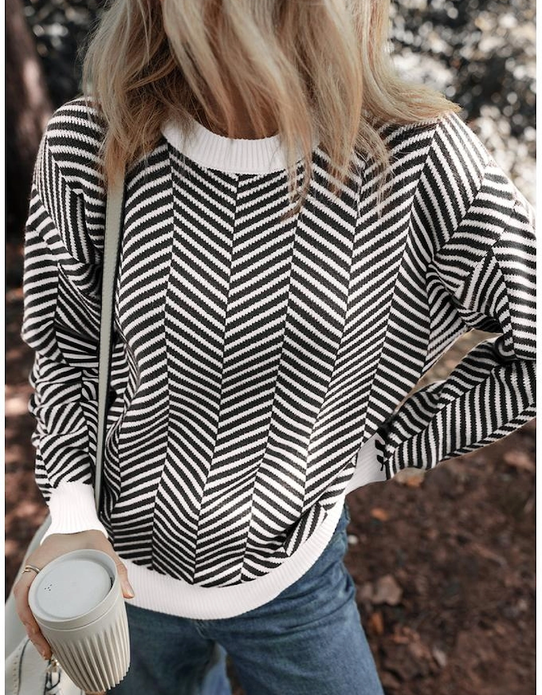 Black Contrast Edge Crew Neck Drop Shoulder Sweater