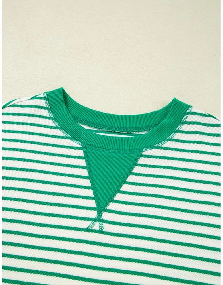 Bright Green Striped Exposed Seam Patchwork Loose Pullover Top