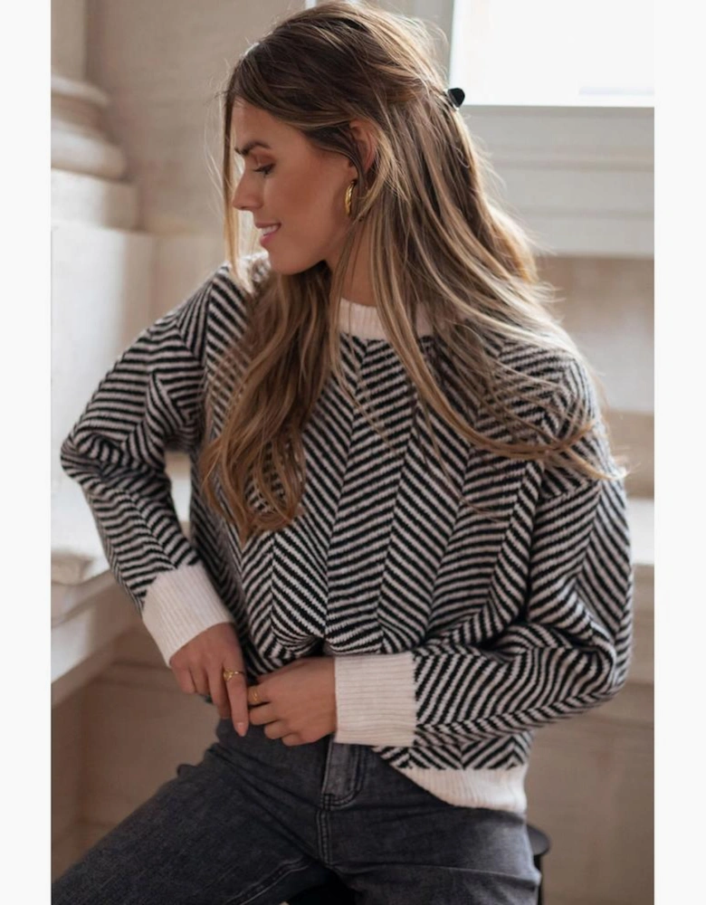 Black Contrast Edge Crew Neck Drop Shoulder Sweater