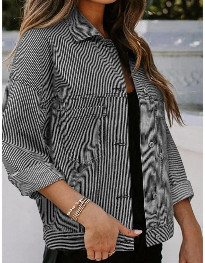 Blue Stripe Washed Oversize Pocketed Denim Jacket