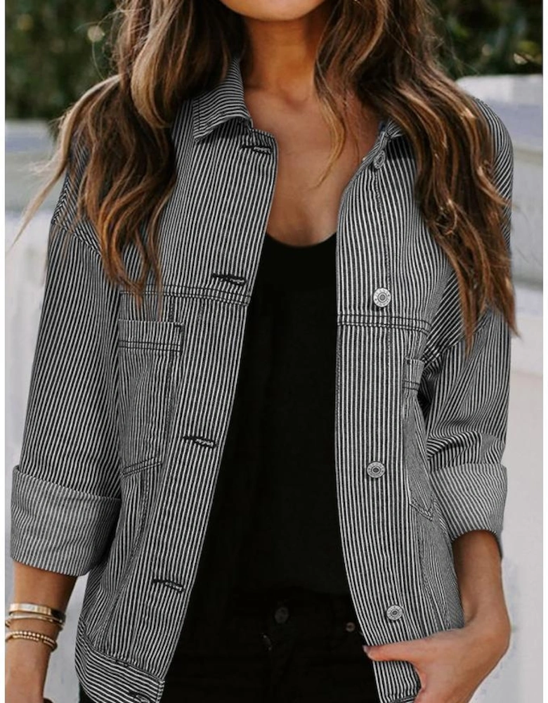 Blue Stripe Washed Oversize Pocketed Denim Jacket