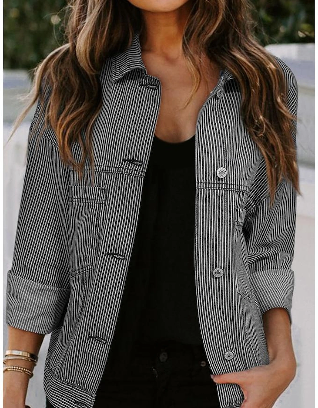 Blue Stripe Washed Oversize Pocketed Denim Jacket