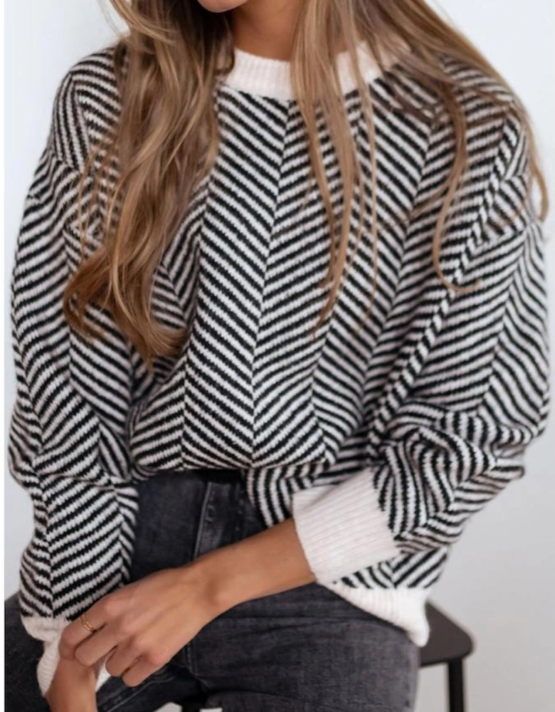 Black Contrast Edge Crew Neck Drop Shoulder Sweater