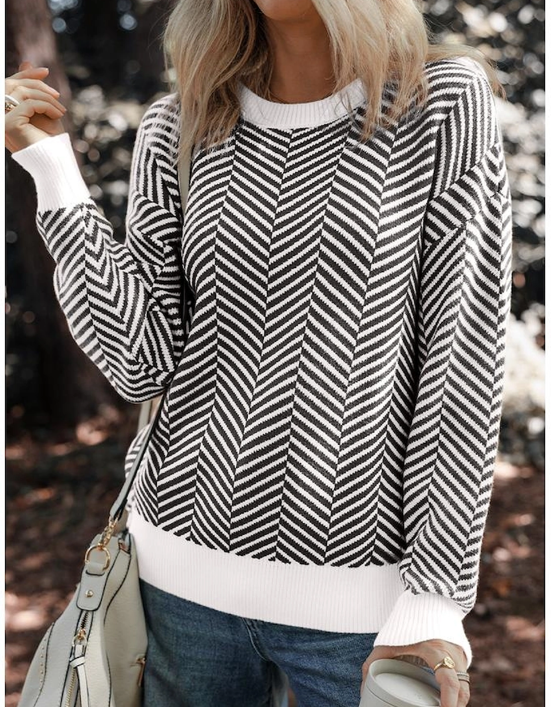 Black Contrast Edge Crew Neck Drop Shoulder Sweater