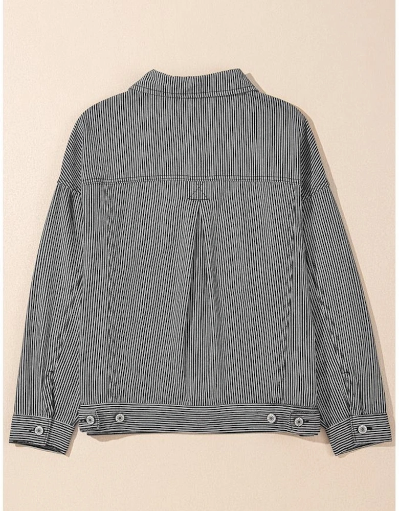 Blue Stripe Washed Oversize Pocketed Denim Jacket