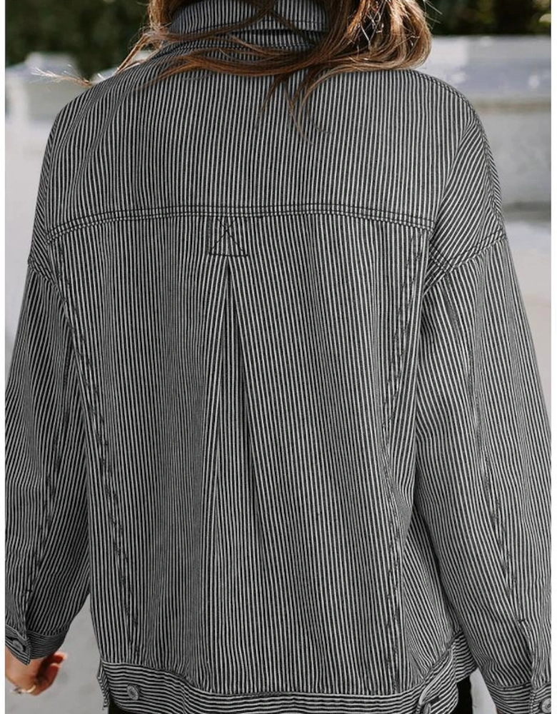 Blue Stripe Washed Oversize Pocketed Denim Jacket