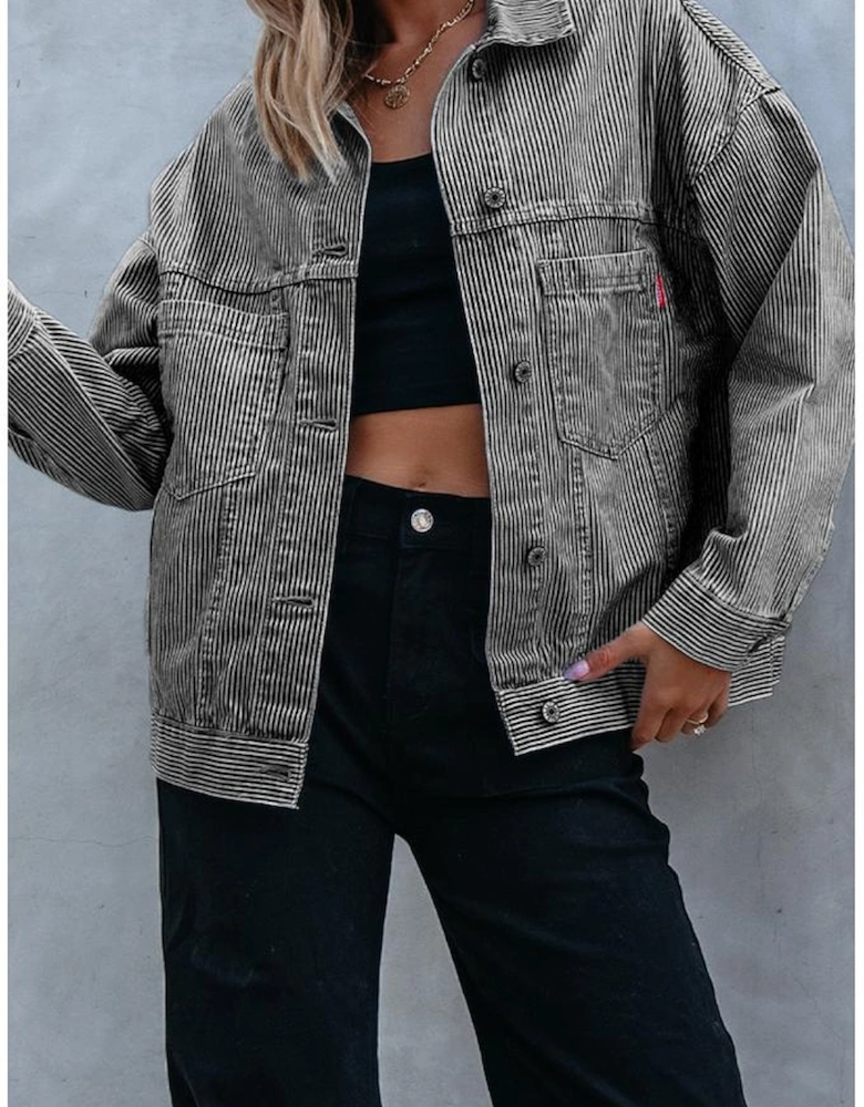 Blue Stripe Washed Oversize Pocketed Denim Jacket