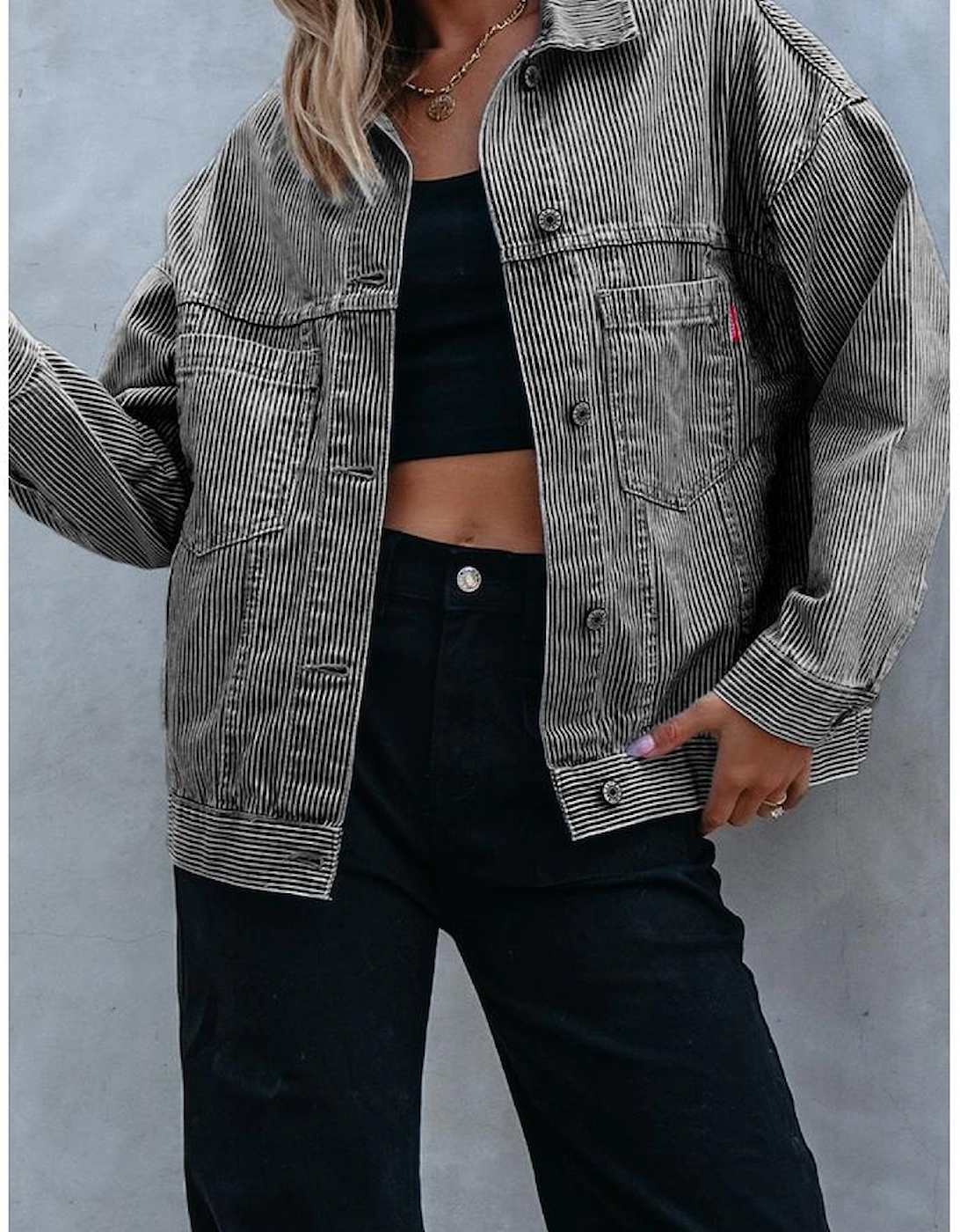 Blue Stripe Washed Oversize Pocketed Denim Jacket