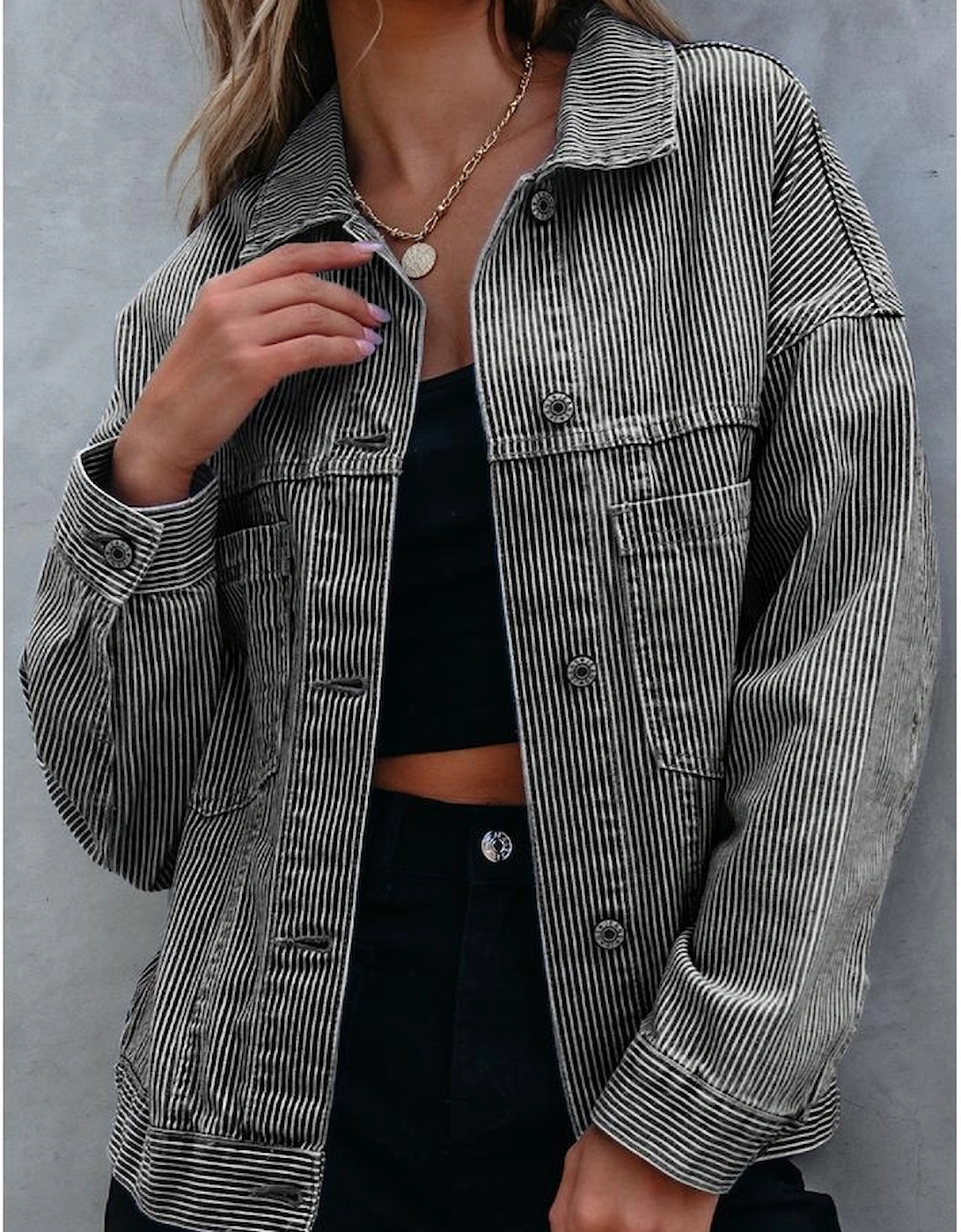Blue Stripe Washed Oversize Pocketed Denim Jacket