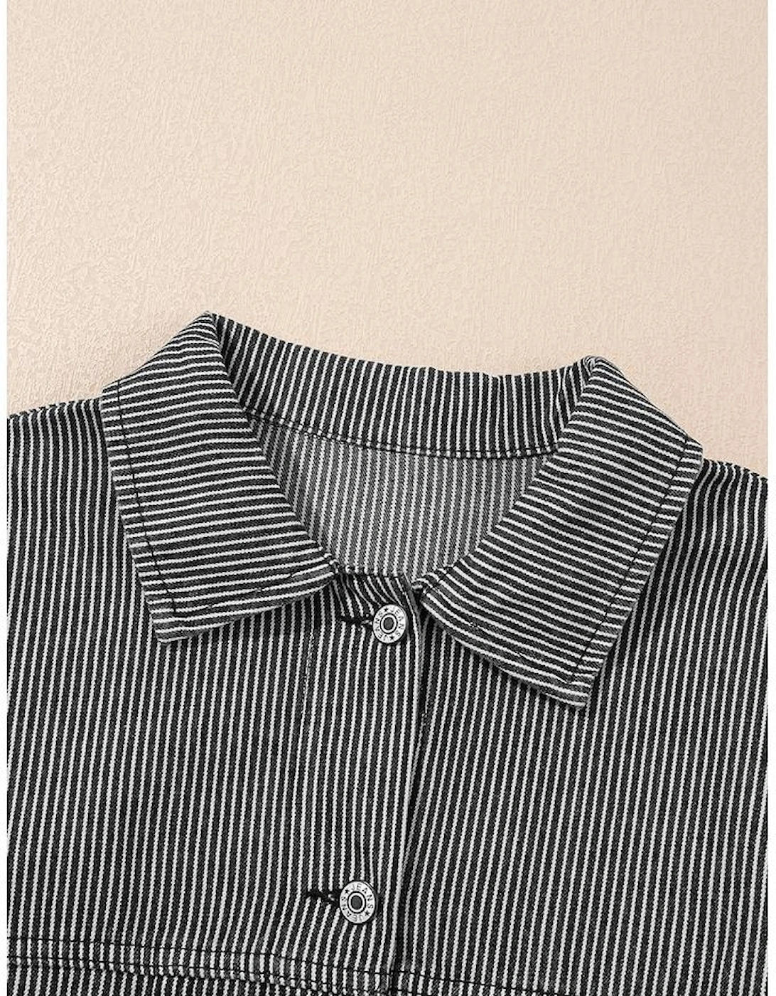 Blue Stripe Washed Oversize Pocketed Denim Jacket