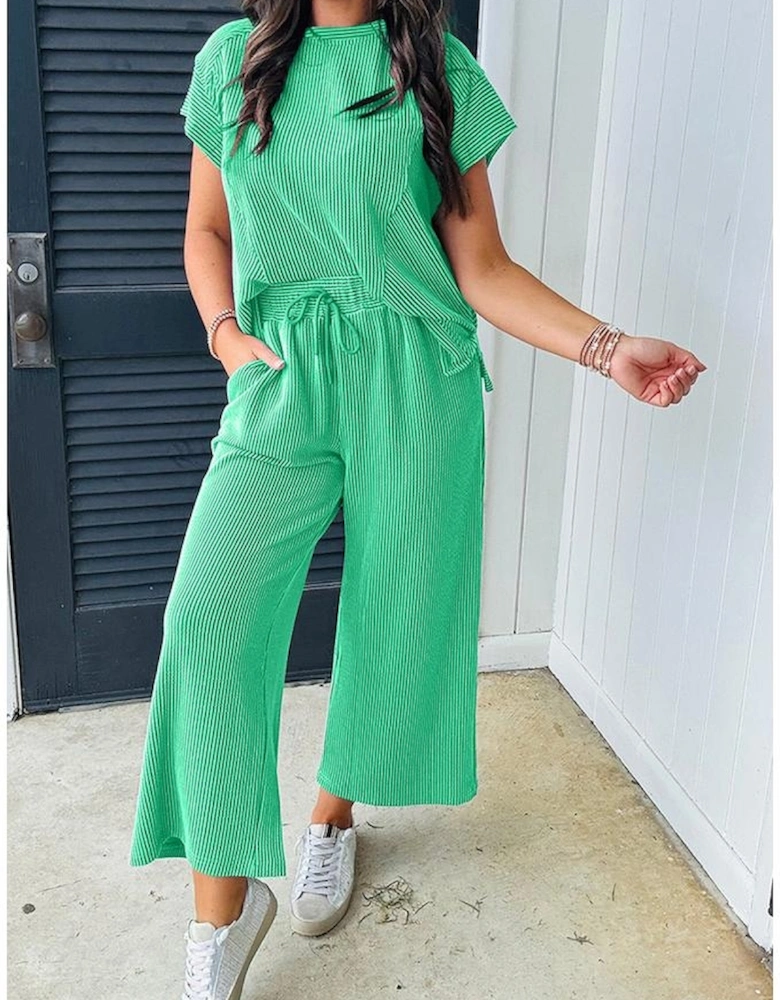 Bright Green Solid Corded Knit Short Sleeve T Shirt and Wide Leg Pants Set