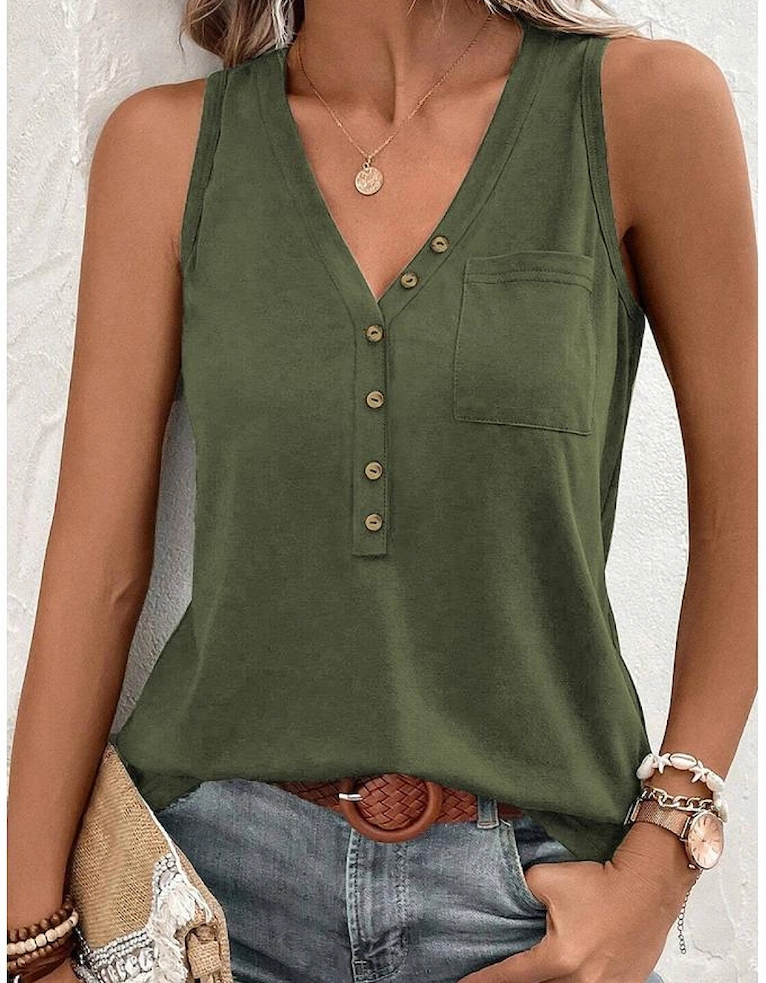Jungle Green Half Button V Neck Patched Pocket Tank Top