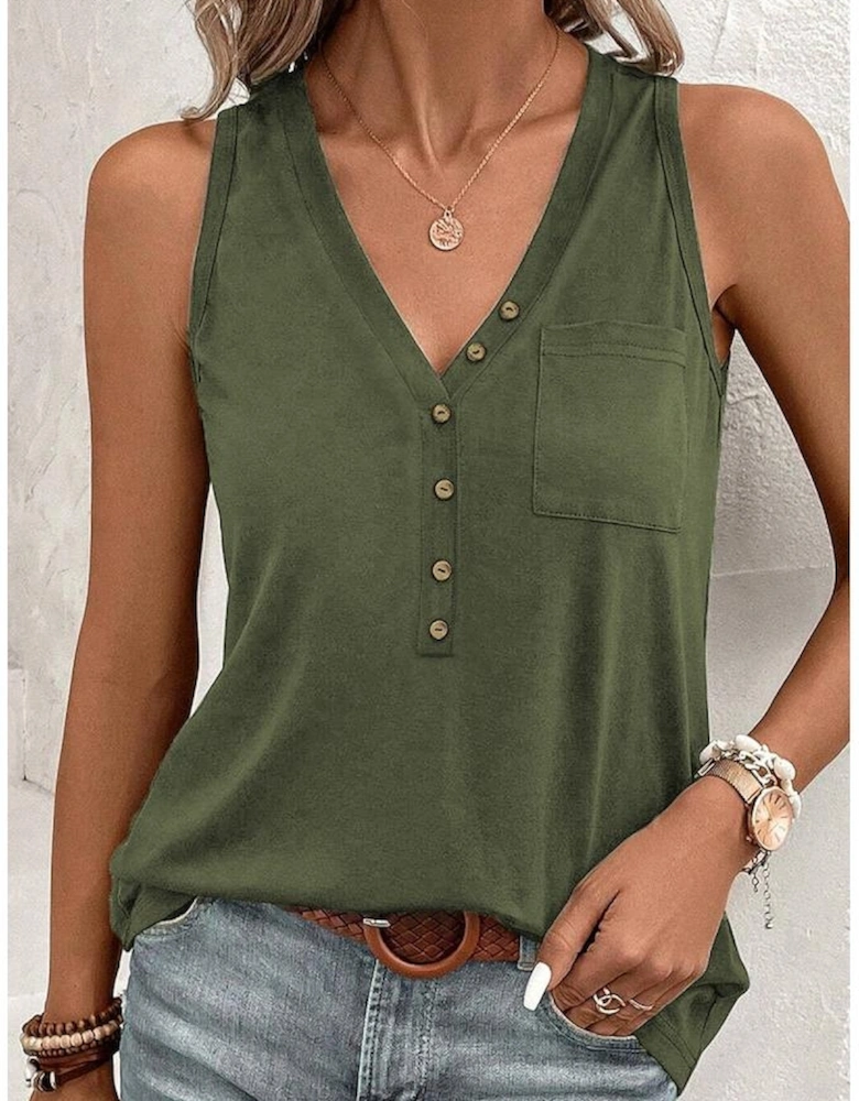 Jungle Green Half Button V Neck Patched Pocket Tank Top