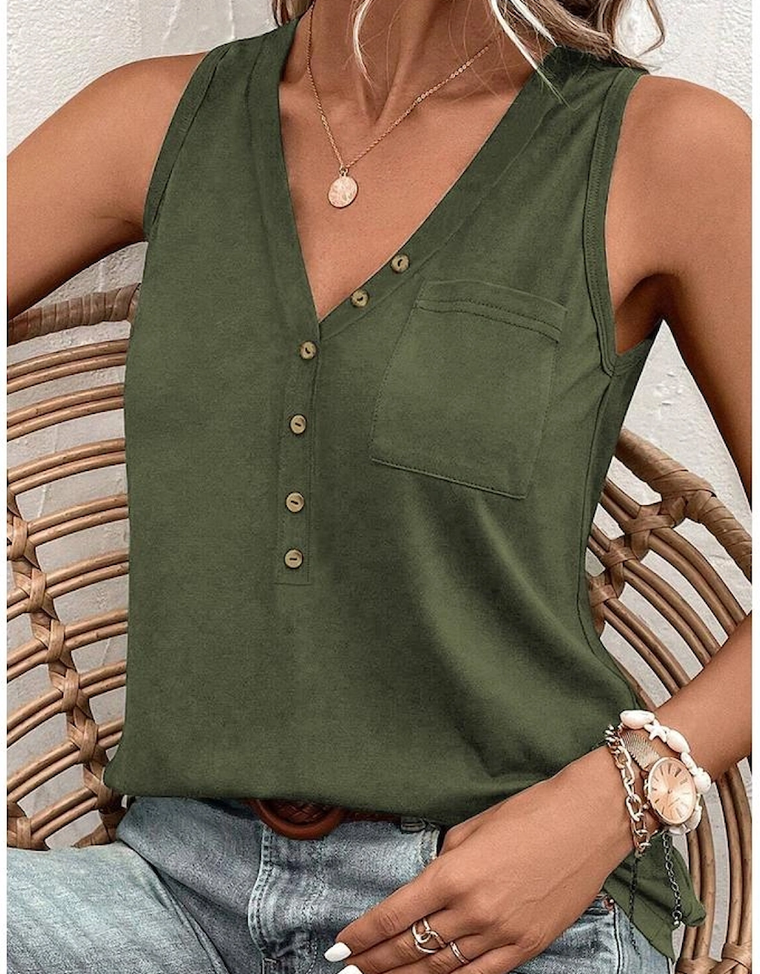 Jungle Green Half Button V Neck Patched Pocket Tank Top