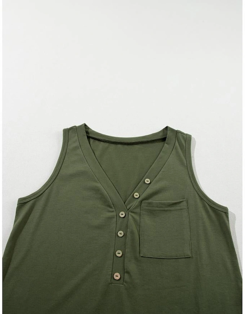 Jungle Green Half Button V Neck Patched Pocket Tank Top