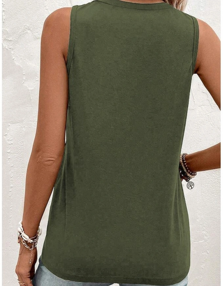 Jungle Green Half Button V Neck Patched Pocket Tank Top