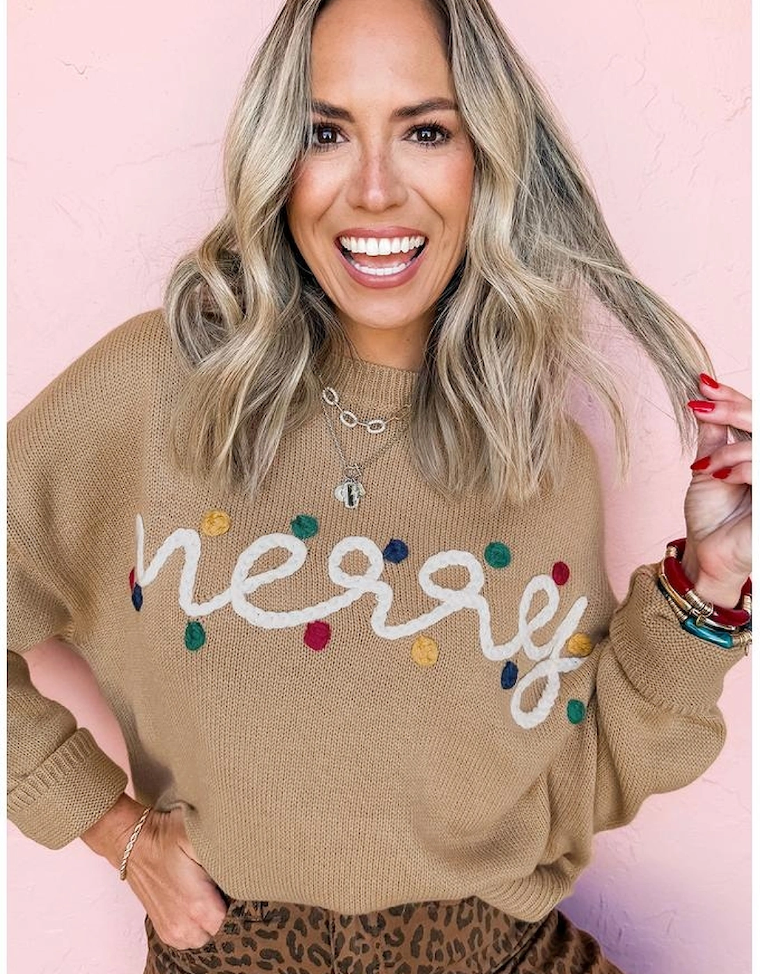 Smoke Gray Merry Colorful Dot Detail Christmas Dolman Sweater