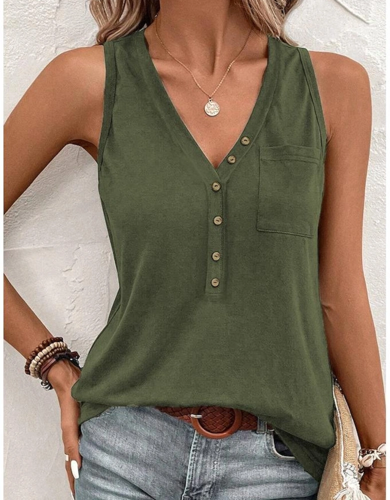 Jungle Green Half Button V Neck Patched Pocket Tank Top