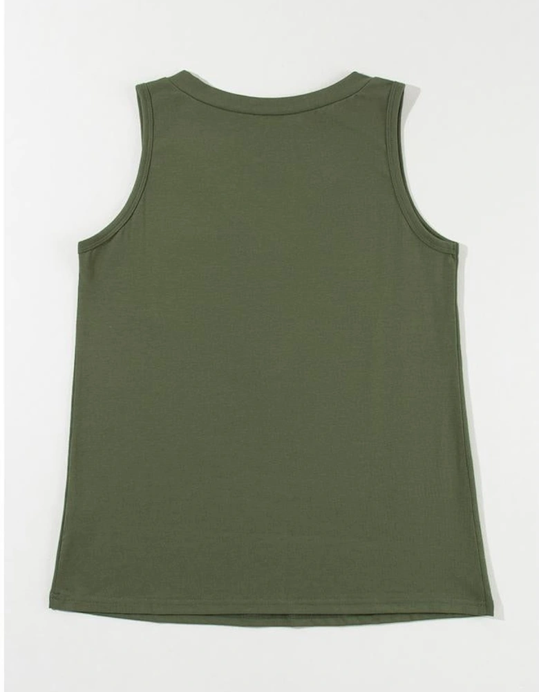 Jungle Green Half Button V Neck Patched Pocket Tank Top