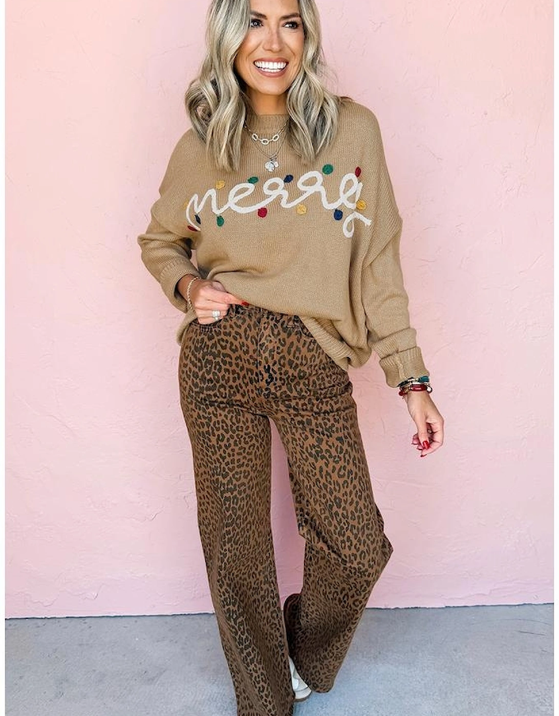 Smoke Gray Merry Colorful Dot Detail Christmas Dolman Sweater