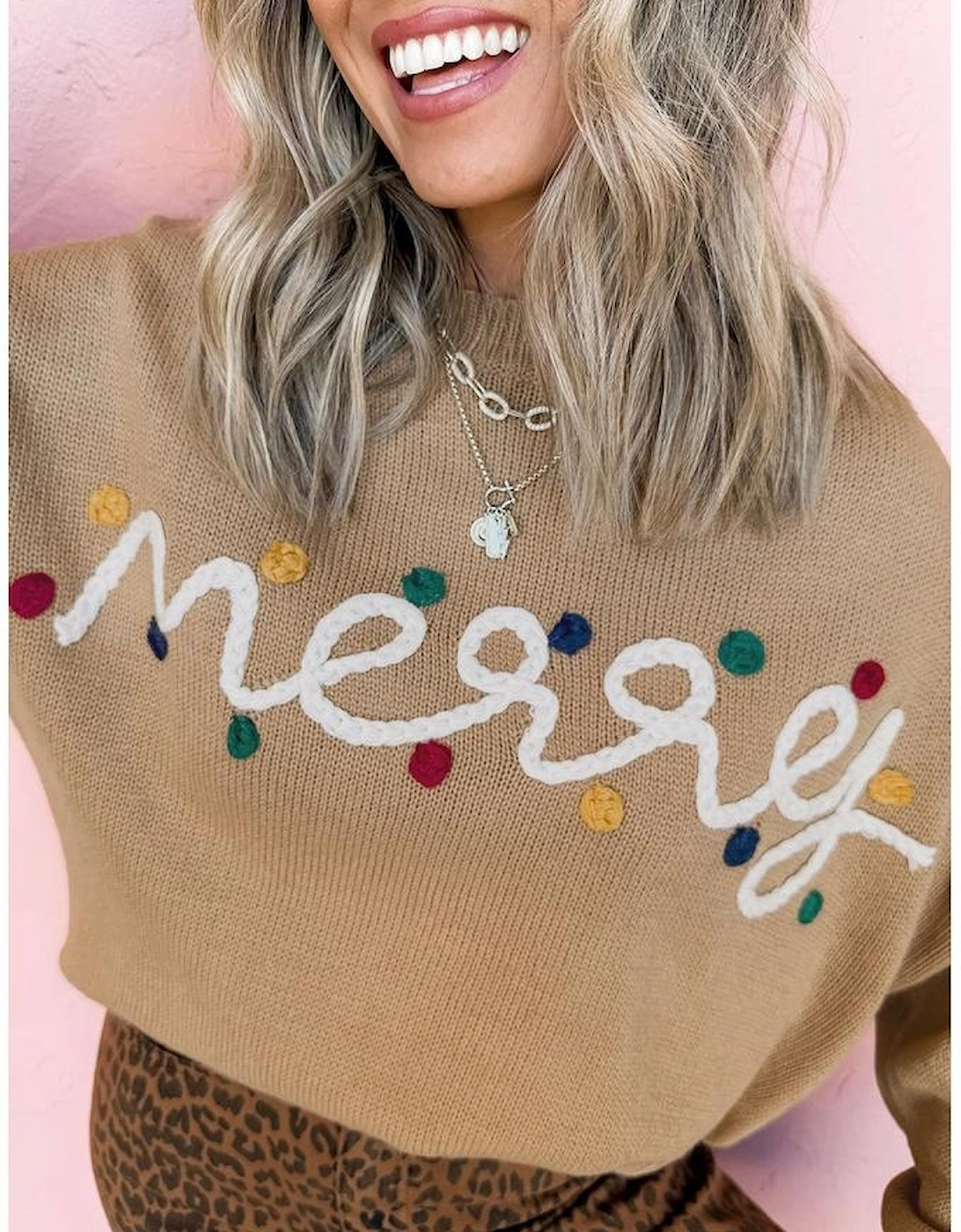 Smoke Gray Merry Colorful Dot Detail Christmas Dolman Sweater