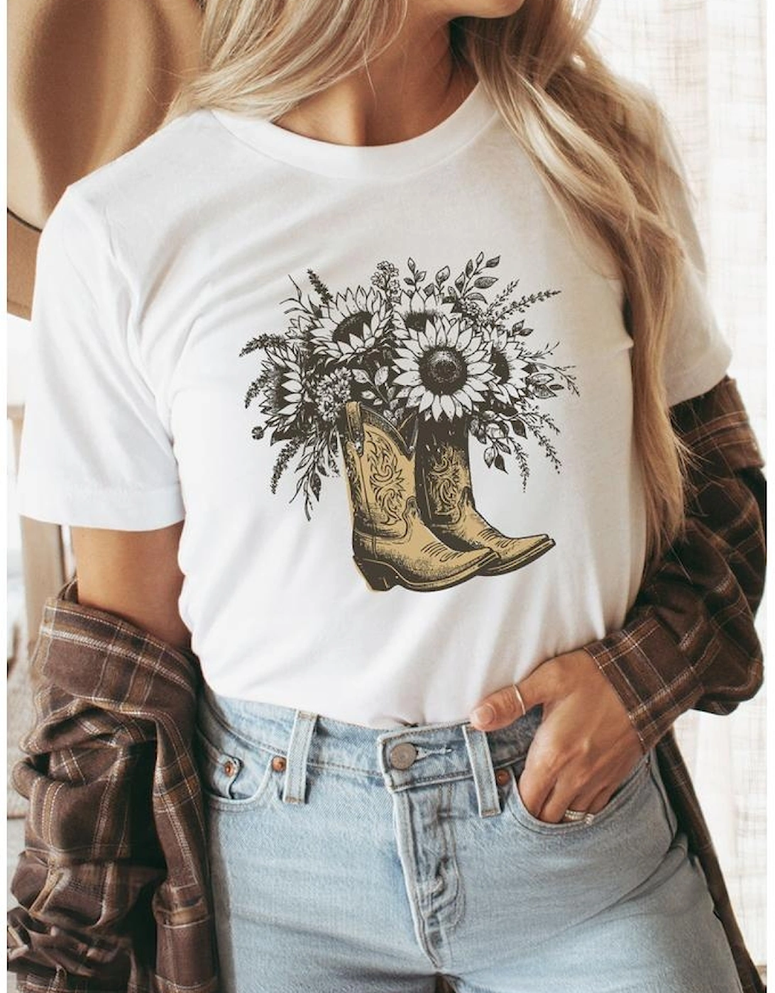 White Sunflower Cowgirl Boots Cotton Blend Graphic Tee, 8 of 7