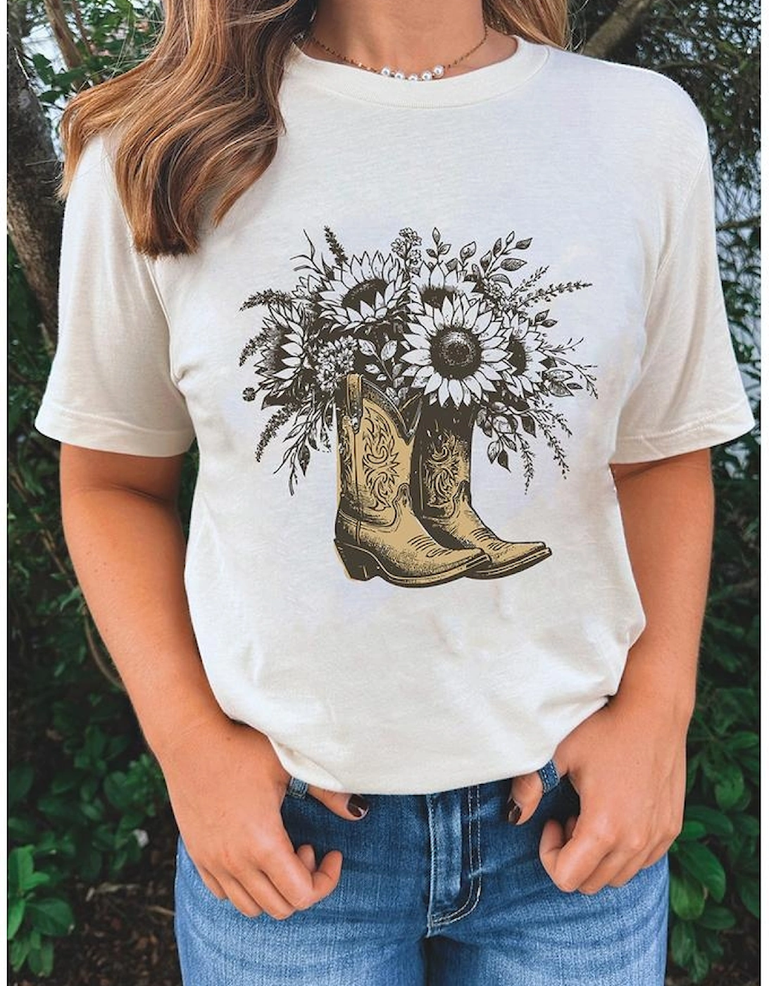 White Sunflower Cowgirl Boots Cotton Blend Graphic Tee