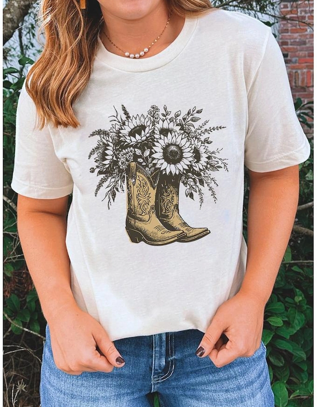 White Sunflower Cowgirl Boots Cotton Blend Graphic Tee