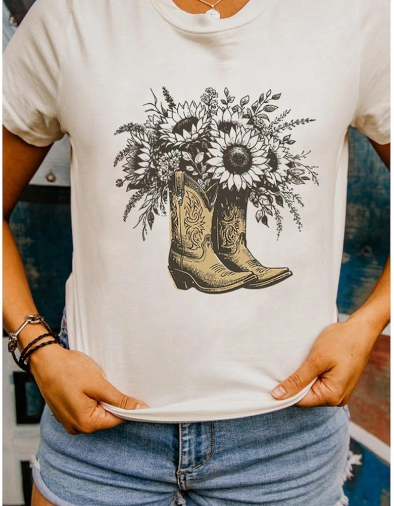 White Sunflower Cowgirl Boots Cotton Blend Graphic Tee