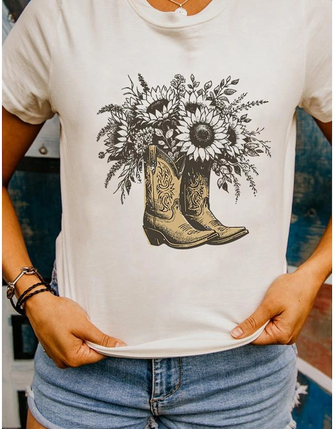 White Sunflower Cowgirl Boots Cotton Blend Graphic Tee