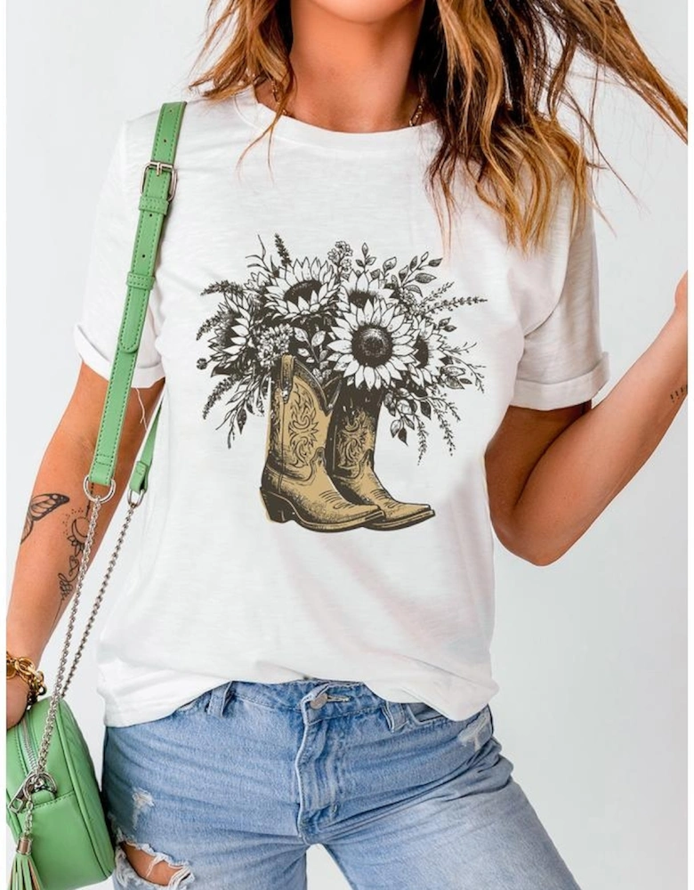 White Sunflower Cowgirl Boots Cotton Blend Graphic Tee
