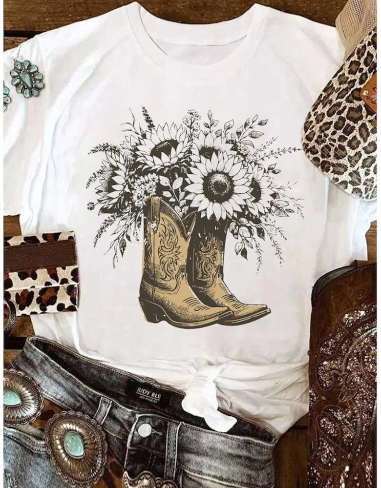 White Sunflower Cowgirl Boots Cotton Blend Graphic Tee