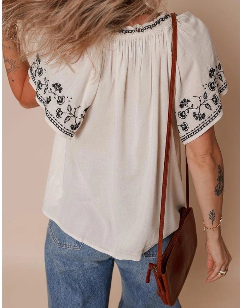 White Floral Embroidered Short Sleeve V Neck Blouse