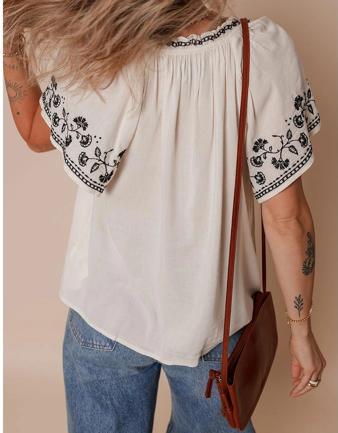 White Floral Embroidered Short Sleeve V Neck Blouse, 16 of 15