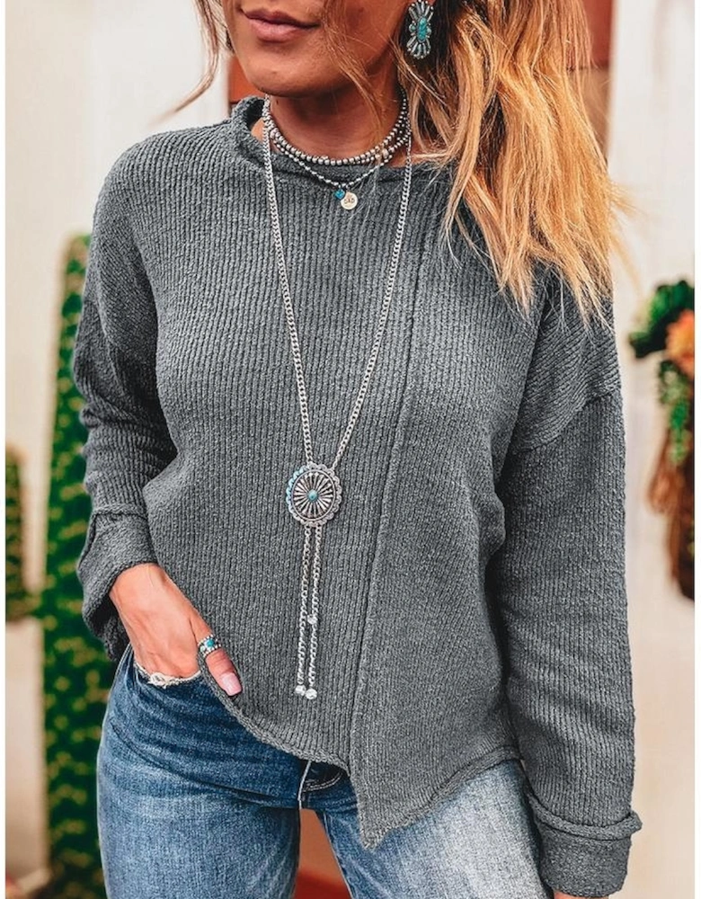 Medium Grey Raw Edge Uneven Hem Patchwork Drop Shoulder Sweater