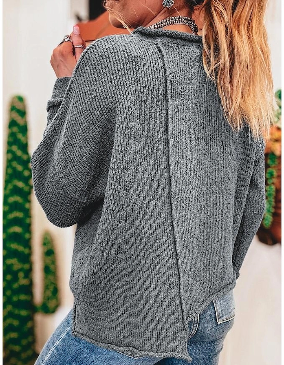 Medium Grey Raw Edge Uneven Hem Patchwork Drop Shoulder Sweater