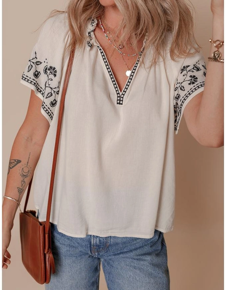 White Floral Embroidered Short Sleeve V Neck Blouse