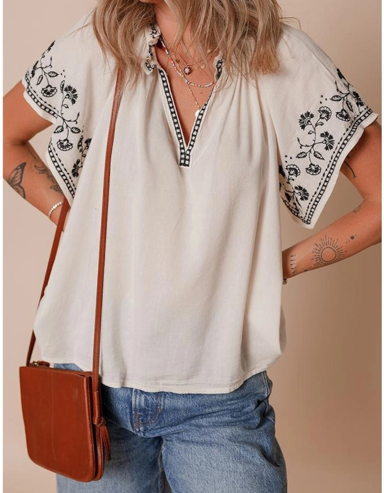 White Floral Embroidered Short Sleeve V Neck Blouse