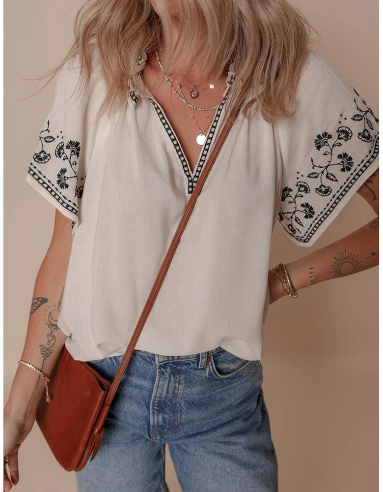 White Floral Embroidered Short Sleeve V Neck Blouse