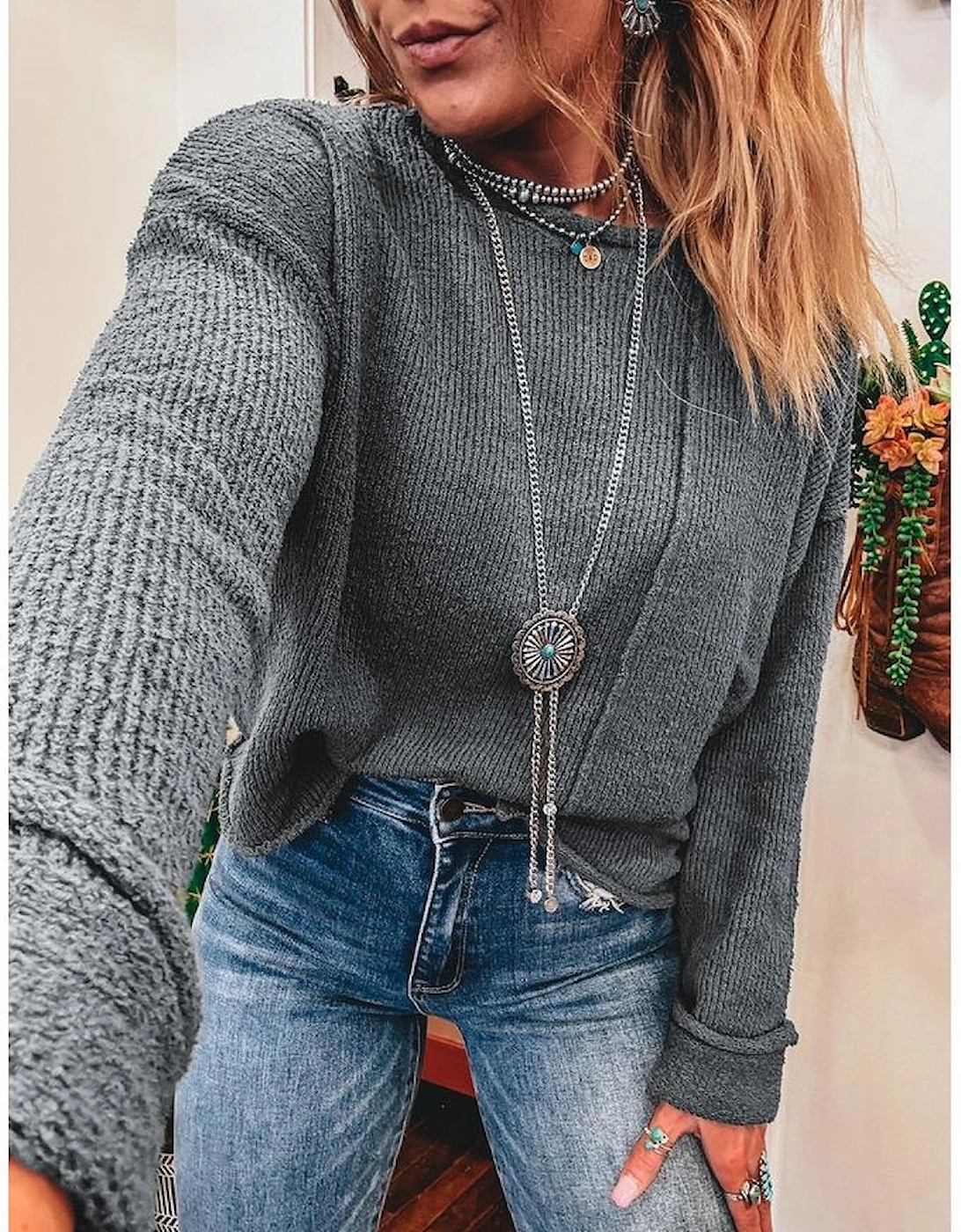 Medium Grey Raw Edge Uneven Hem Patchwork Drop Shoulder Sweater