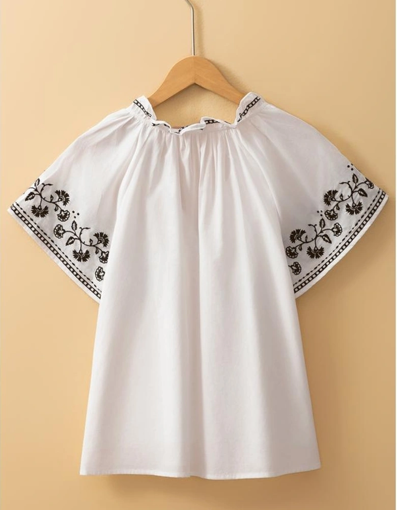 White Floral Embroidered Short Sleeve V Neck Blouse