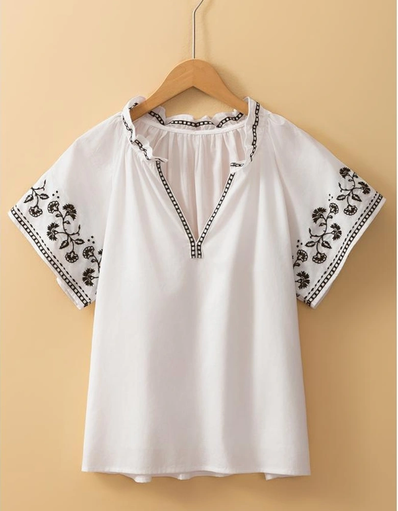 White Floral Embroidered Short Sleeve V Neck Blouse