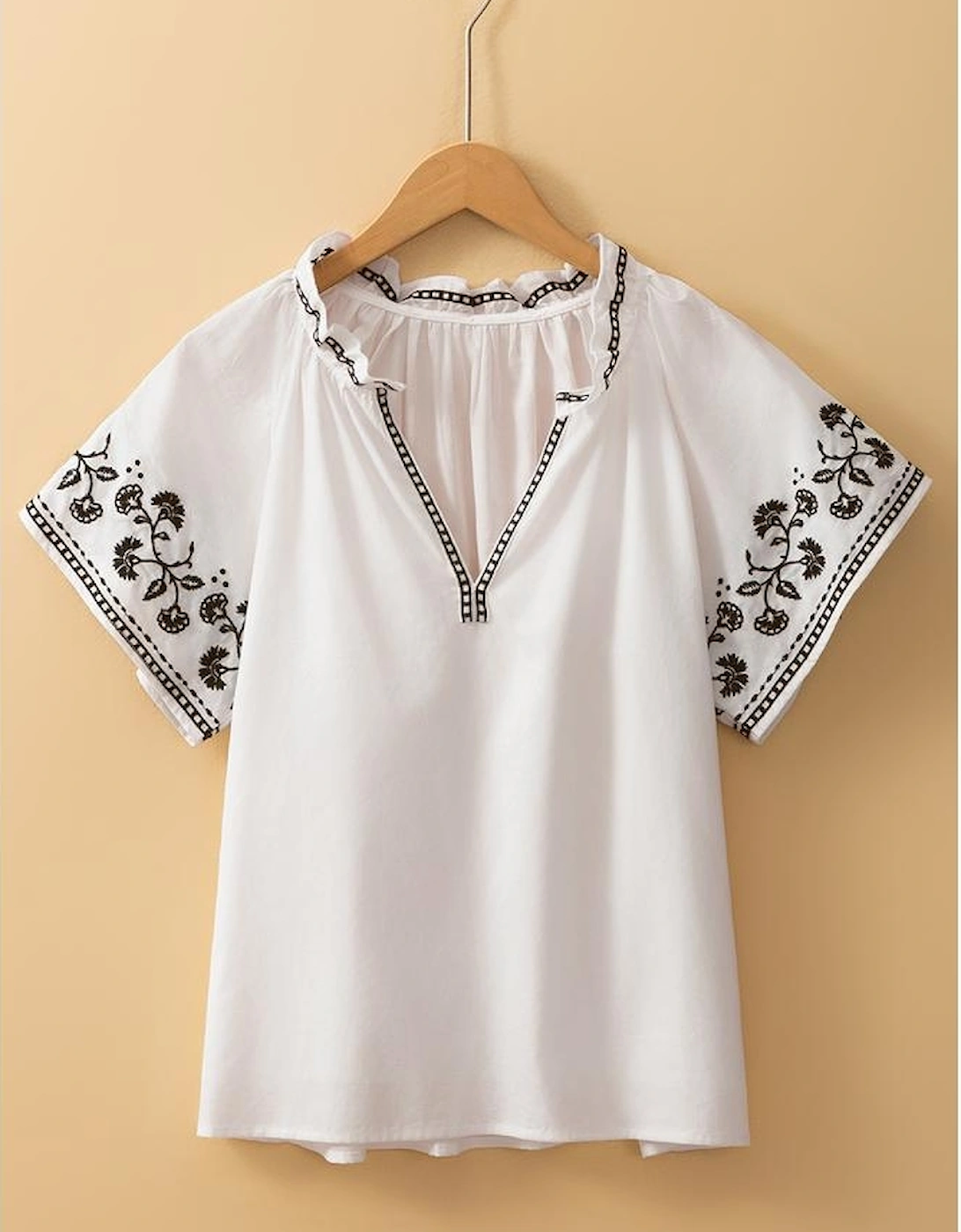 White Floral Embroidered Short Sleeve V Neck Blouse