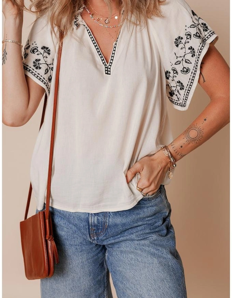 White Floral Embroidered Short Sleeve V Neck Blouse